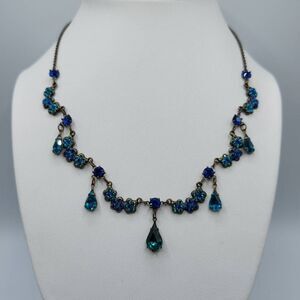 Vintage Signed Michal Negrin Rhinestone Flower Dangle Necklace Aqua Blue OS